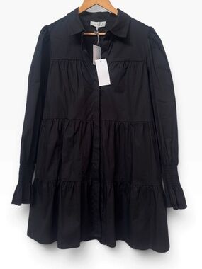 NWT WAYF Medium Black Tiered Shirt Mini Dress Smocked Sleeve Cuffs Collared